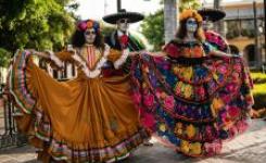 Dancers in traditional costumes for Day of the Dead in Mexico.
