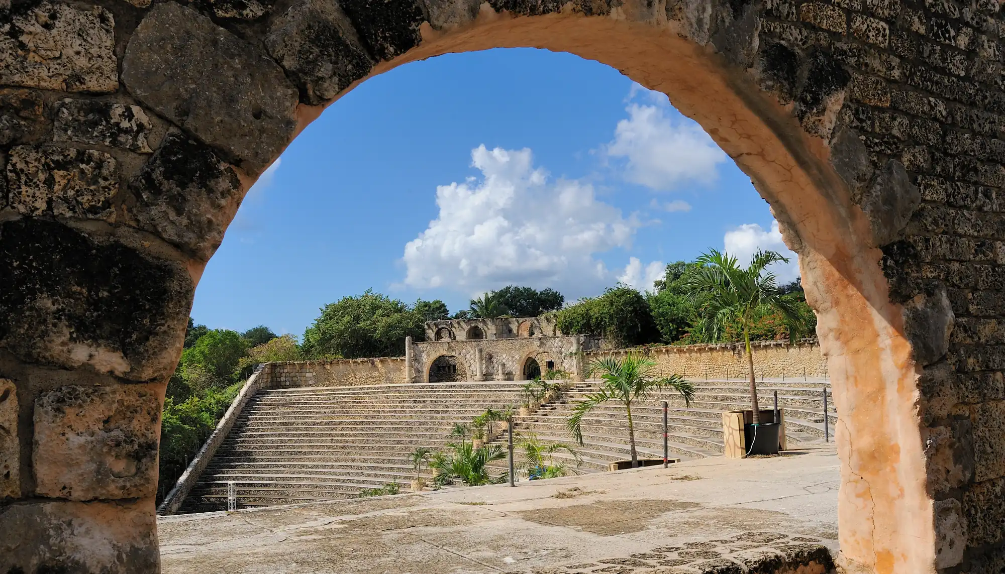 a stone archway at Altos de Chavon in the Dominican Republic, which could be affected during the Caribbean hurricane season