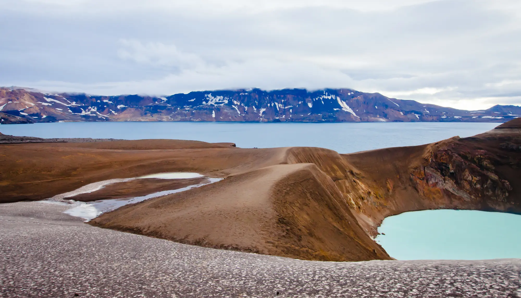 View of water and rock formations at the Askja crater in Iceland highlighting volcano travel insurance 