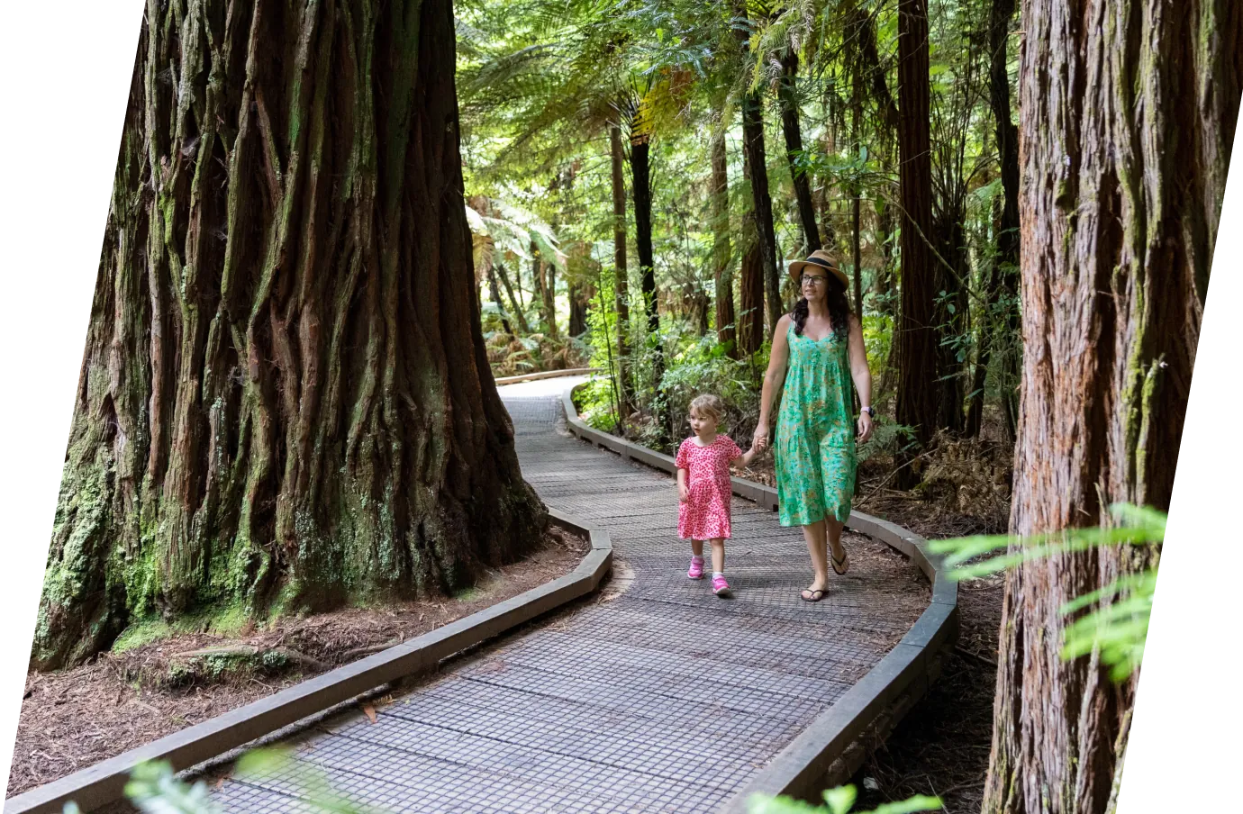 a mother and young daughter holding hands as they hike through Rotorua's Redwood Forest with travel insurance for New Zealand