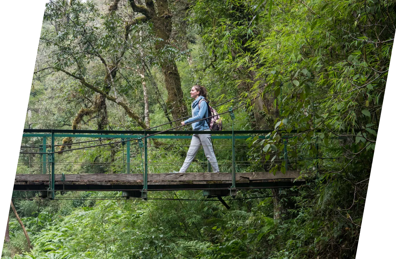 Woman with travel insurance for Vietnam walking across a bridge in the jungle