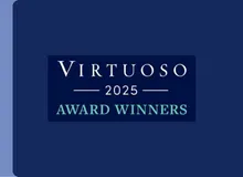 Virtuoso 2025 Award Winners badge displayed on a navy background in Travelex insurance's newsroom