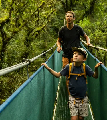 a father and son cross a suspension bridge in a tropical rainforest, insured with travel insurance for Costa Rica 