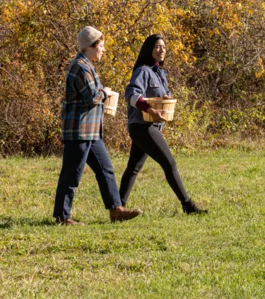 two friends with travel insurance for New York go apple picking in Upstate New York in Autumn