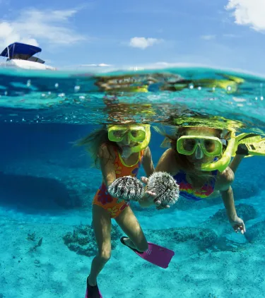 two children with travel insurance for the Bahamas snorkel in clear blue water while holding sea urchins