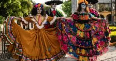 Dancers in traditional costumes for Day of the Dead in Mexico.