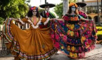 Dancers in traditional costumes for Day of the Dead in Mexico.